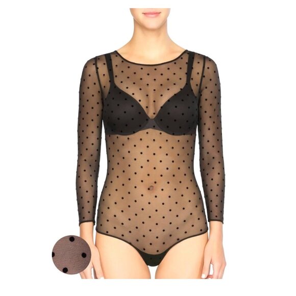 Spanx Long Sleeve Top Mesh Polka Dot Sheer Bodysuit | Size Large in Black (NWT) - Picture 1 of 10